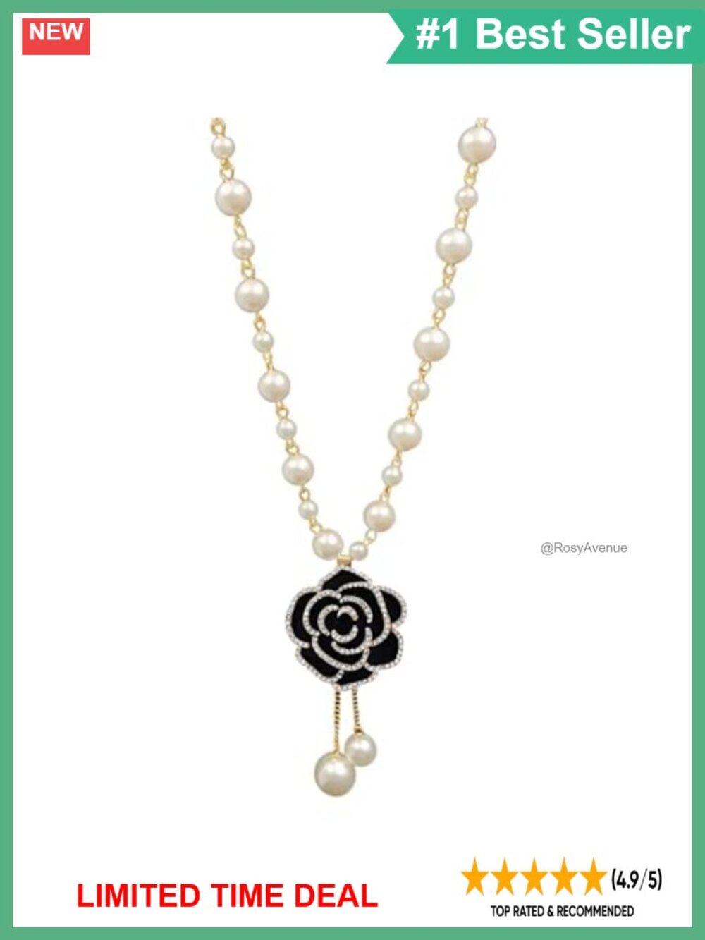 Rhinestone Black Rose Pearl Long Pendant Necklace Vintage Costume Jewelry